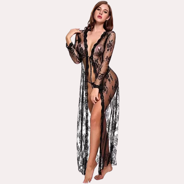 Floral Lace-Trimmed Black Transparent Robe