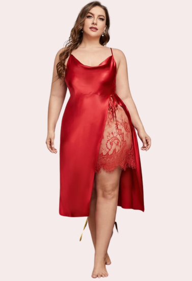 Plus Size Lace Trim Sleep Dress with Cowl Neck