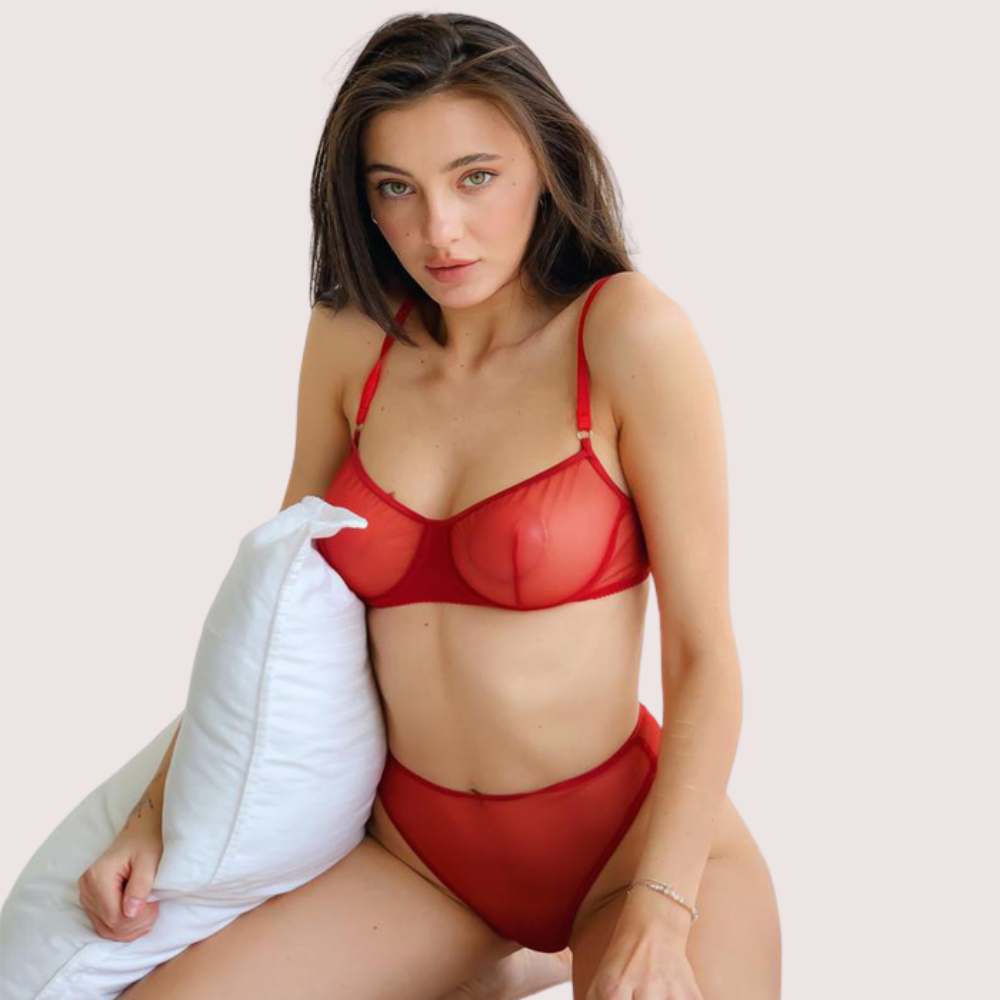 Sensual Red Bra & Thong Set - Fully See-Through Design