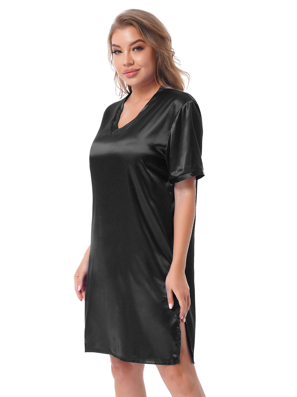 Silk satin sexy black short sleepwear