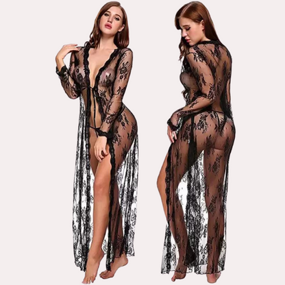 Floral Lace-Trimmed Black Transparent Robe