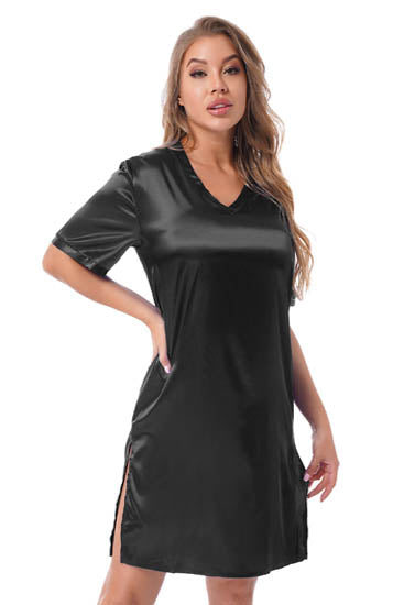 Silk satin sexy black short sleepwear