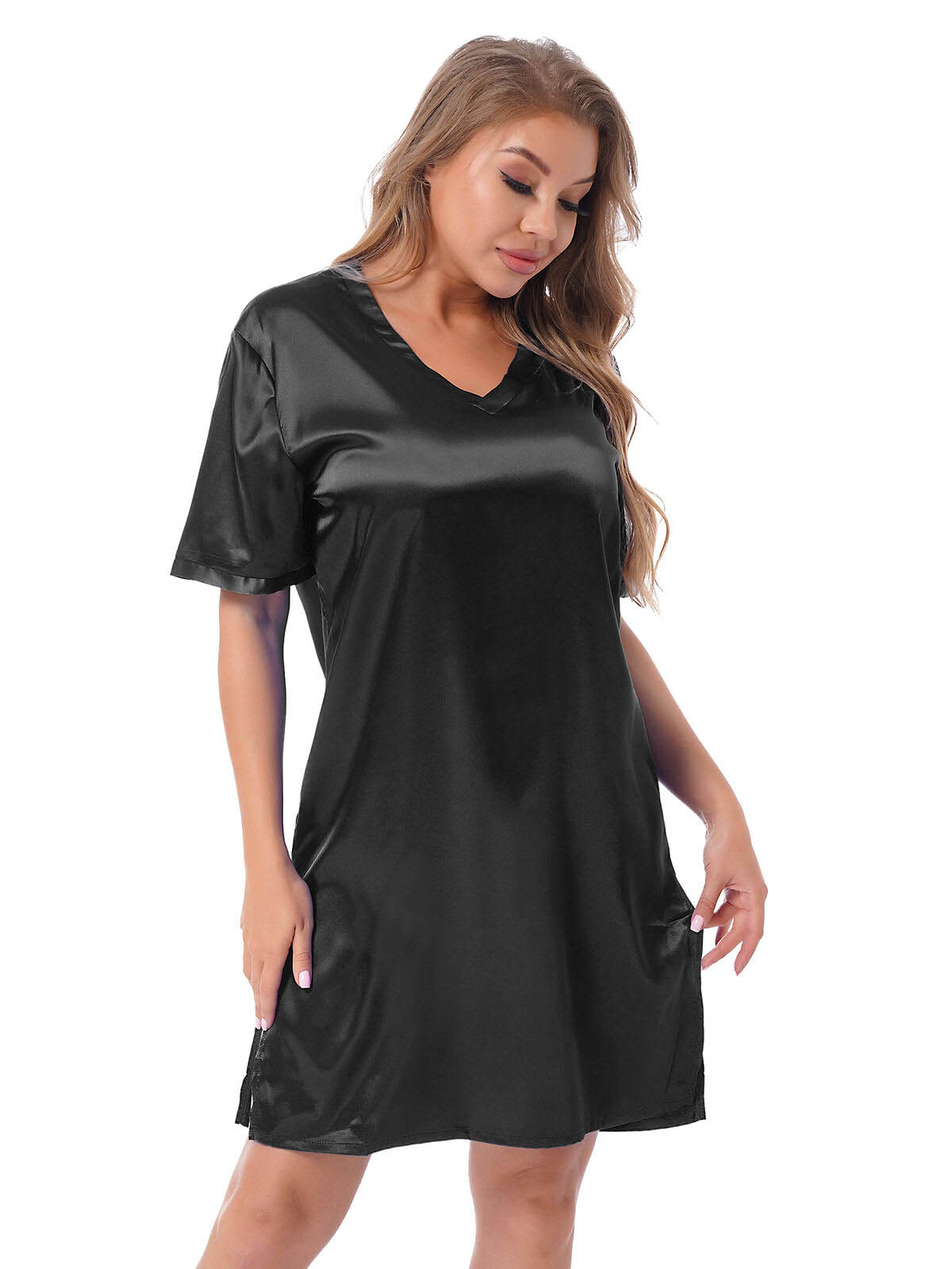 Silk satin sexy black short sleepwear